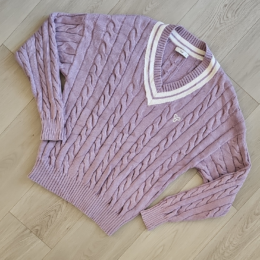 TNA Clay Cable Knit Academia School Girl V-Neck Sweater, XS *Fits Large + Wear